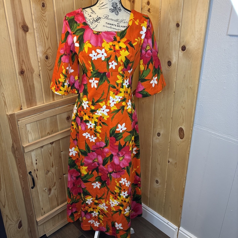 Vintage Ui-Maikai Hawaiian Maxi Dress Pink Orange Floral Barkcloth Hawaii 12